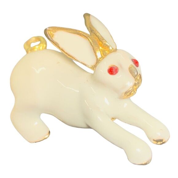 White Bunny Rabbit Pendant Brooch 1.5" red Eyes Gold Tone Whimsical Vintage - Picture 2 of 10